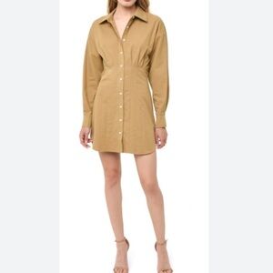 WAYF Pleated Mini Shirtdress SZ S Women Preppy Long Sleeve Cotton Blend in Khaki